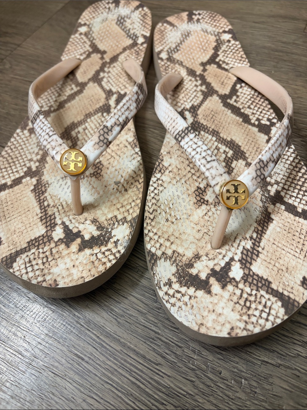 Tory Burch Neutral Snake-Print Logo Flip Flop Sandals